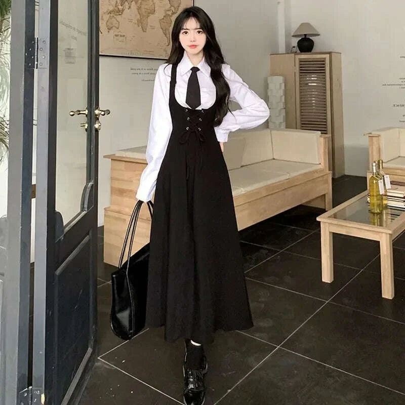 Lapel Neck Tie Long Sleeve White Shirt Women+ Slim Waist Mid-length Strap Dress For Women Two Piece Sets 2025 Fashion New