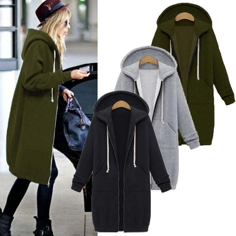 2025 Women's Autumn Winter ThickenHoodies Parkas Loose Hooded Jackets Zipper Pocket Maxi Size Sweatshirt Sports Dresses Outwear