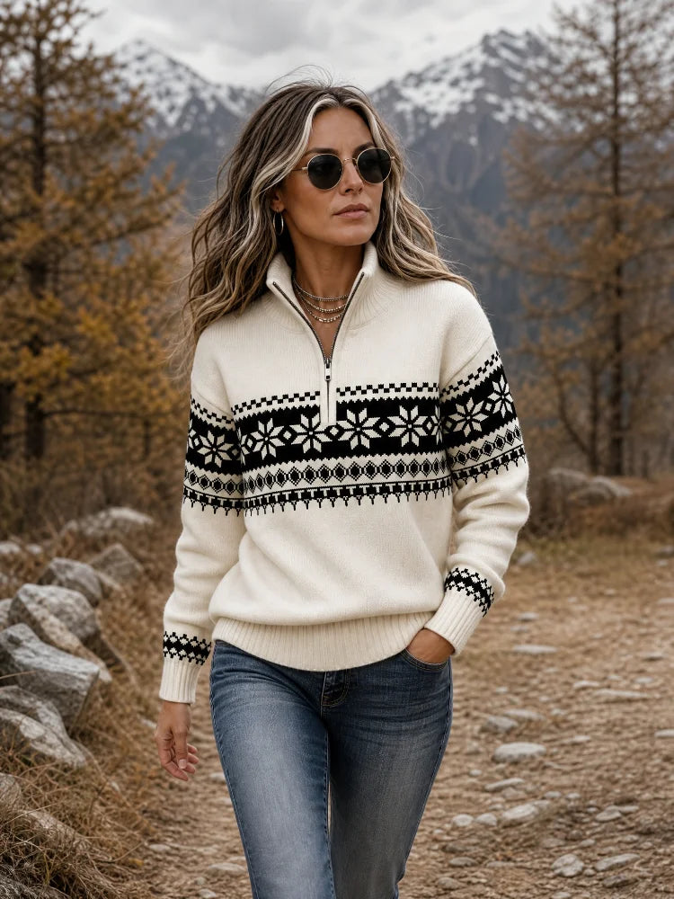 Sweater – Half Zip Mock Neck – Jacquard Knit – Cream White | KIMLUD