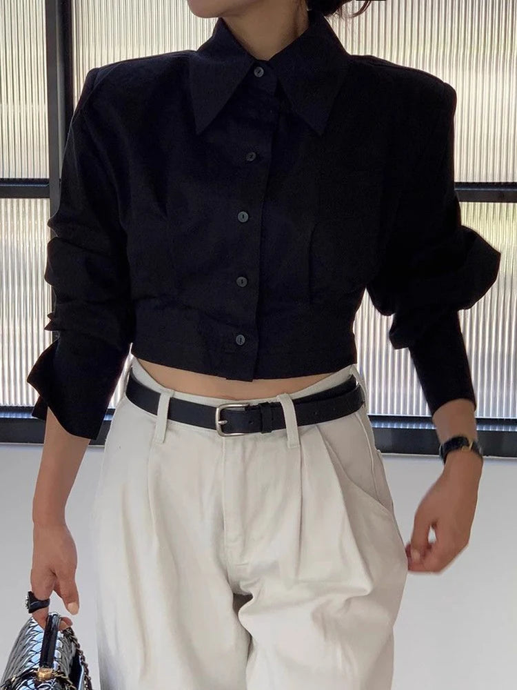 Cropped Cotton Shirt With Back Lace-Up Design And Hollow Out Detailing — White | KIMLUD
