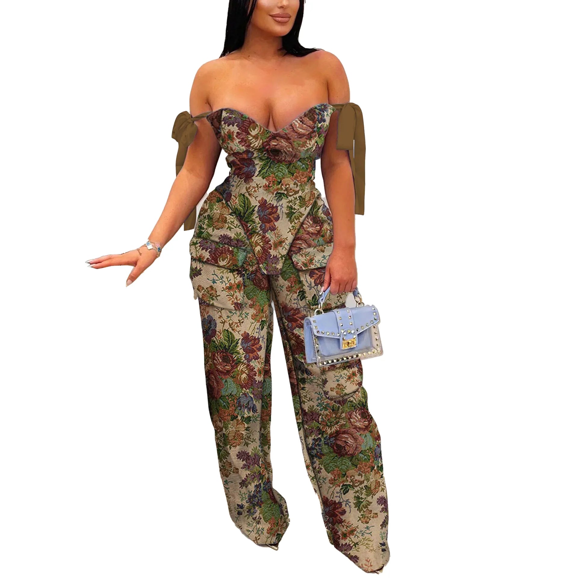 Oil Painting Print Knit Two Piece Set With Lace Up Back Crop Top — Blue | KIMLUD