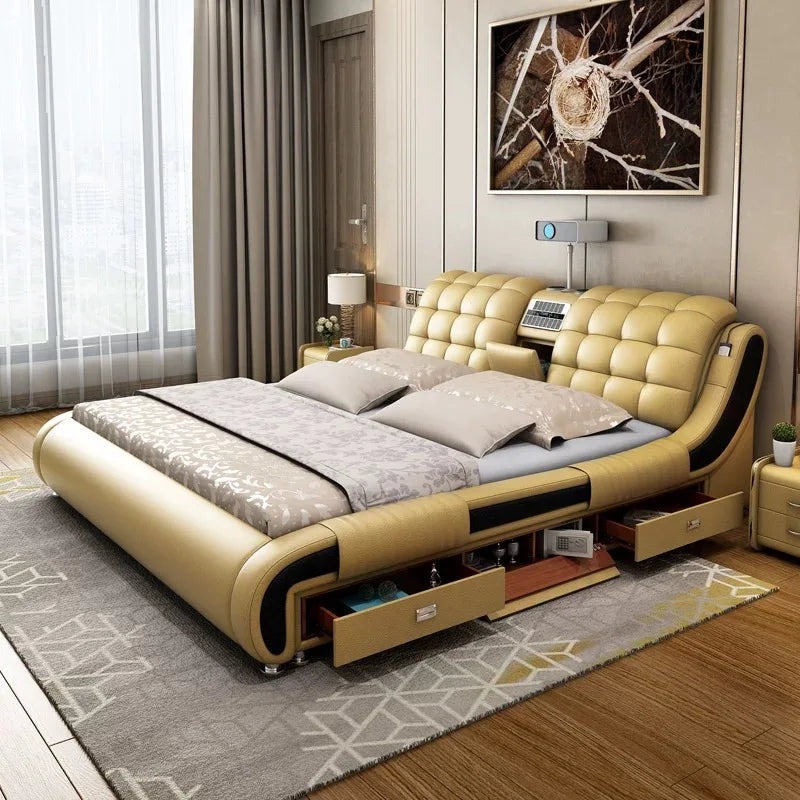Genuine Leather Upholstered Electric Massage Bed King Size With Storage And Gas Lift — Custom Color | KIMLUD