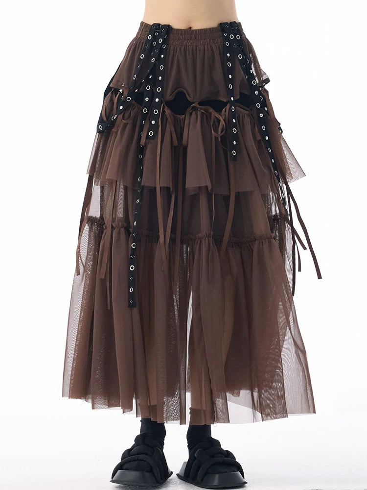 Midi Skirt - High Elastic Waist - Cotton Polyester - Coffee | KIMLUD