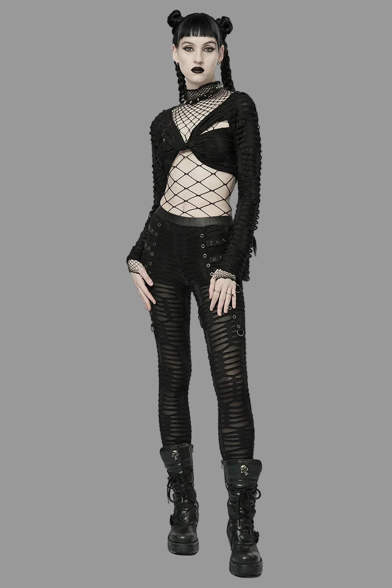 PUNK RAVE Women's Gothic Decayed Slim-fit Leggings Punk Meta Eyelets Webbing Personality Thin Black Pants Spring/summer