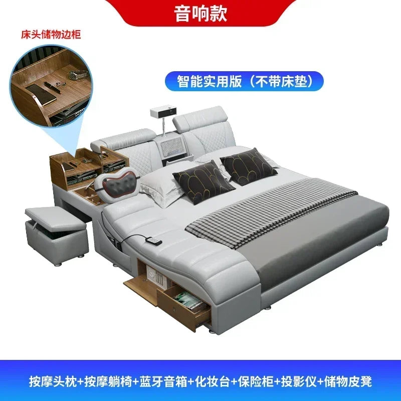 Leather Tatami Multifunction Bed With Projector — Ivory | KIMLUD