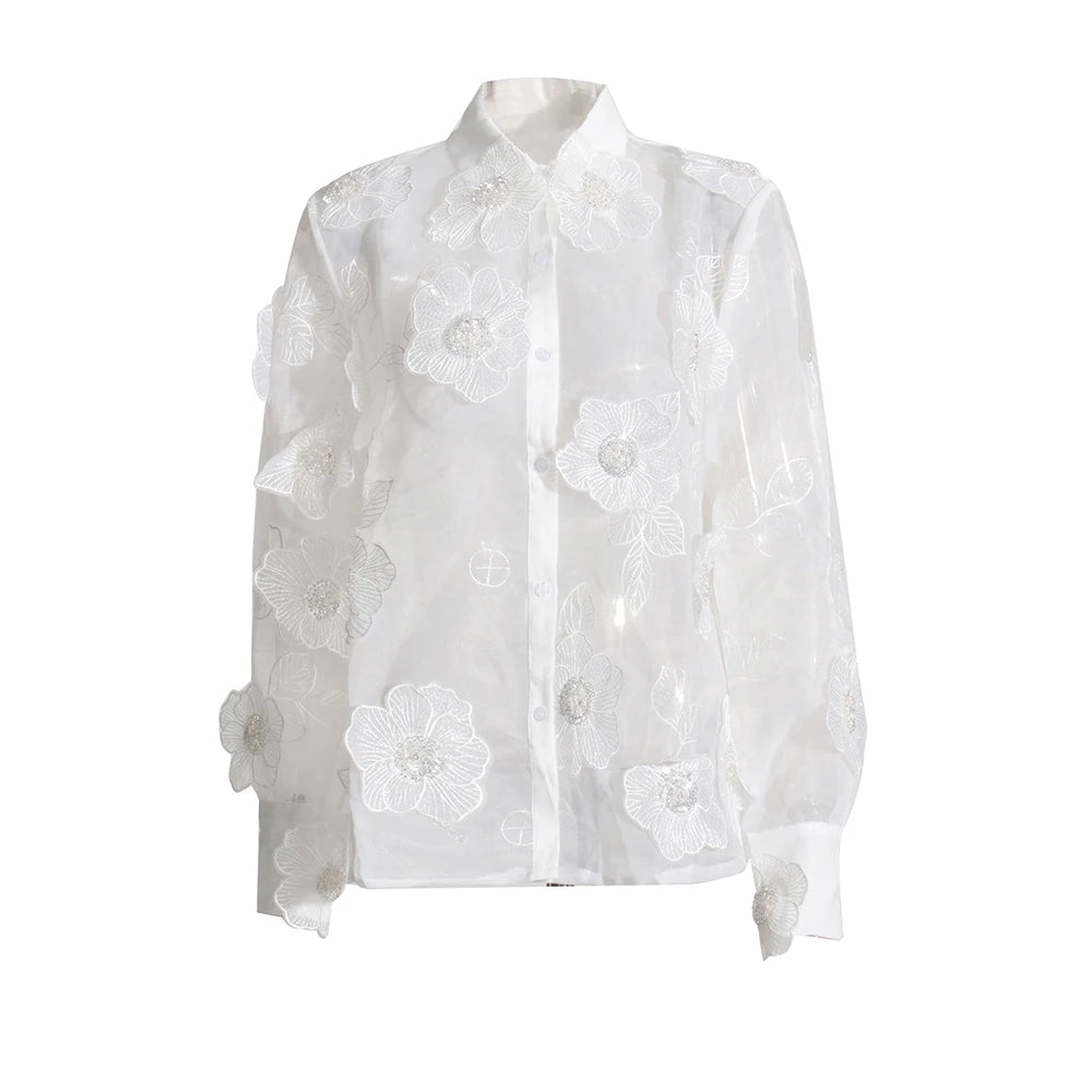 VGH Patchwork Appliques Solid Casual Blouses For Women Lapel Long Sleeve Spliced Sheer Mesh Temperament Loose Shirts Female New - KIMLUD