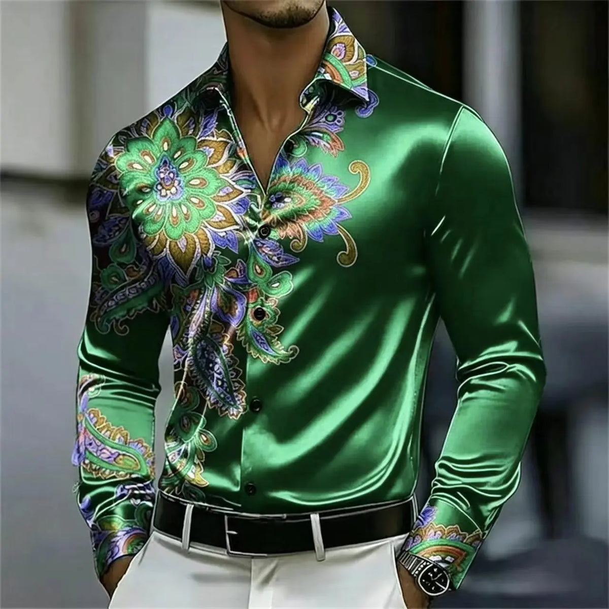 Men's Satin Paisley Print Shirt – Silk Polyester | KIMLUD