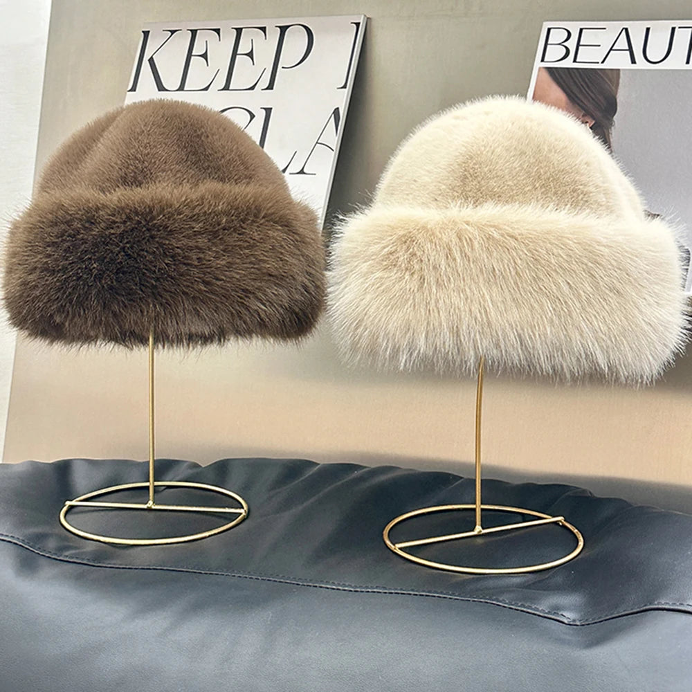 Mink Fur Hat Plush Cotton Lining Warm Winter — Black | KIMLUD