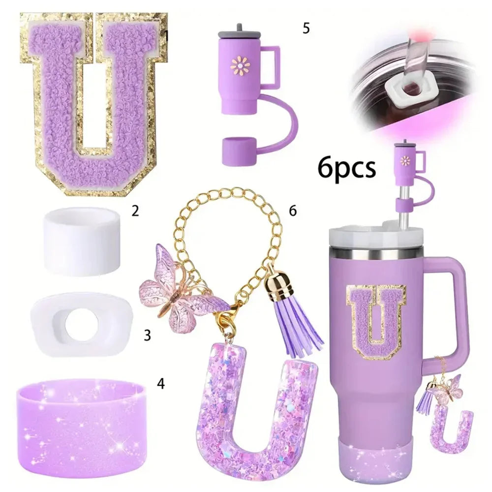 6 in 1 Cup Accessorie Set for Stanley Cup 40oz Tumbler Including Purple Silicone Straw Topper Boot Leak-proof Stopper Decoration