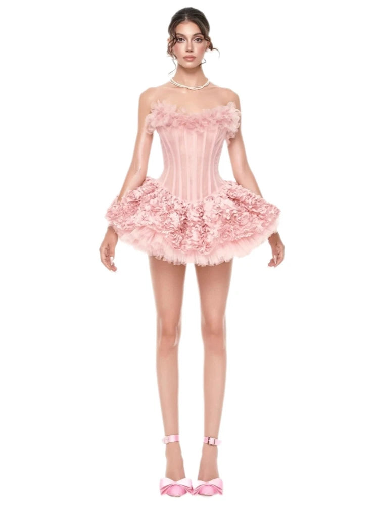 Strapless Floral Lace Mini Dress - Backless - Polyester - Red | KIMLUD
