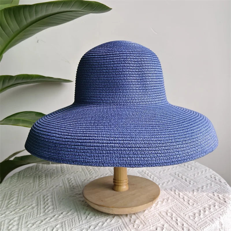 Straw Hepburn Sun Hat Wide Brim Foldable — Natural | KIMLUD