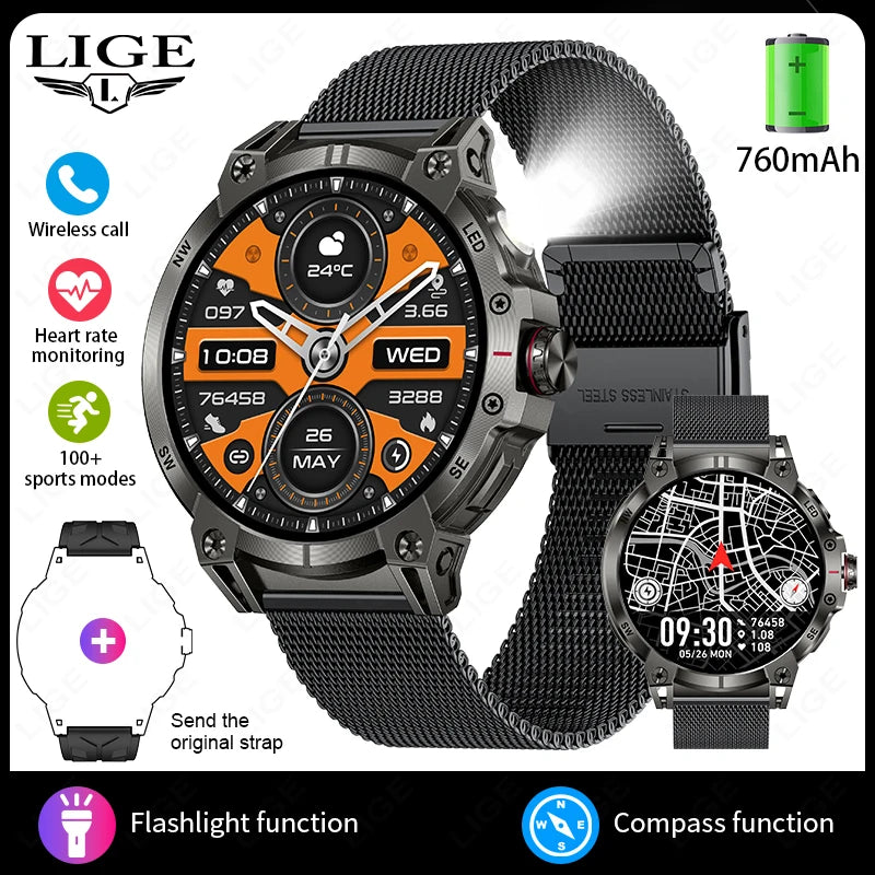 2025 New Military Compass Smart Watch Men 1.85"HD Large Screen Heart Rate Bluetooth Call Waterproof Smartwatch Reloj Inteligente
