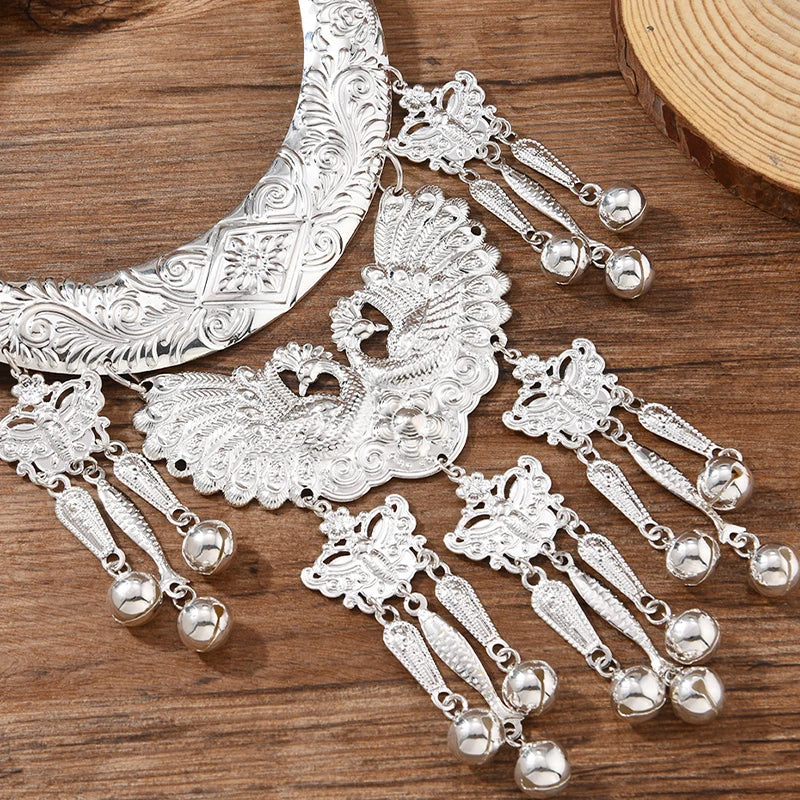 Layer Necklace - Ethnic Miao Retro - Zinc Alloy - Silver | KIMLUD