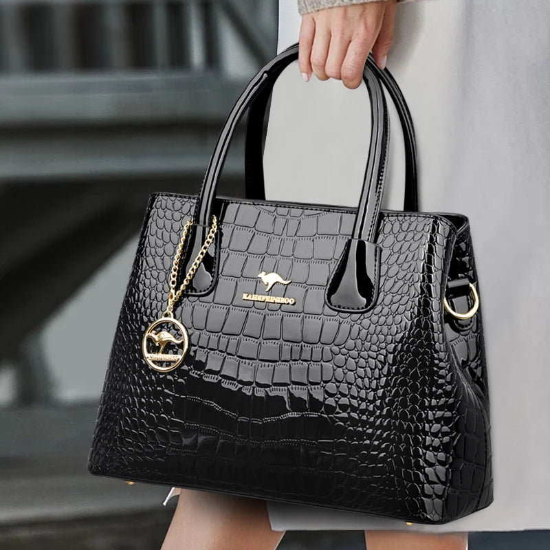 Crocodile Pattern Patent Leather Tote Bag Crossbody Zipper Closure — Black | KIMLUD
