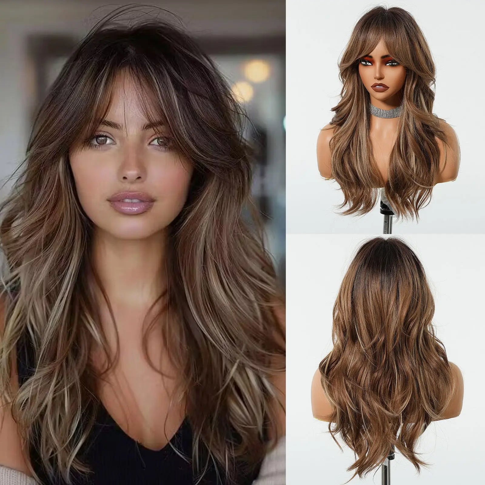 Wig – Medium-Length Layered Straight Bangs – Synthetic Hair – Grey | KIMLUD