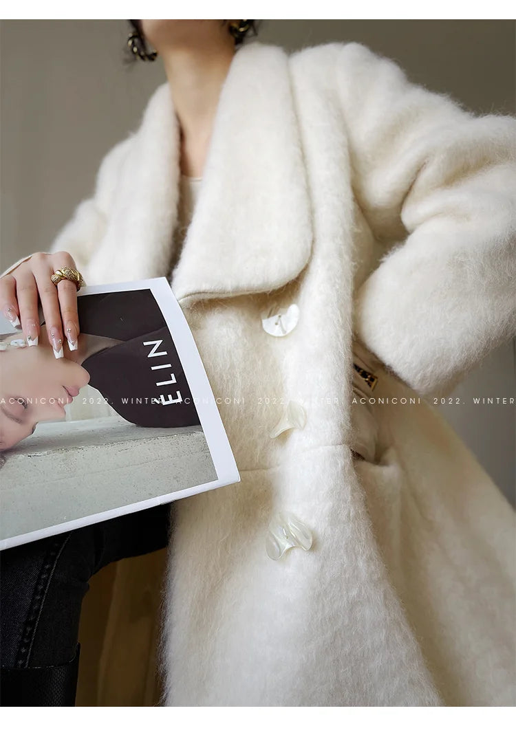Coat – Double Breasted Long – Wool Blends – White | KIMLUD