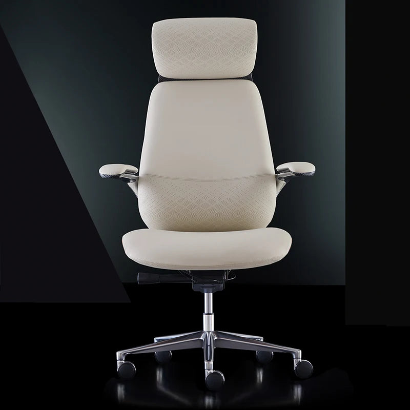 Leather Executive Office Chair With Ergonomic Back Support And Five Star Alloy Base — Cream Beige | KIMLUD