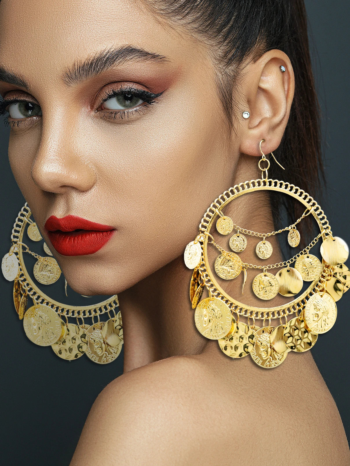Metal Tribal Coins Hoop Earrings — Silver | KIMLUD