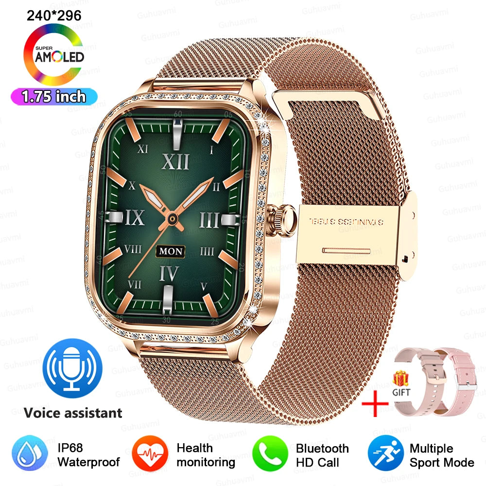 KIMLUD, 2025 New Lady Smart Watch Women AMOLED Curved Screen IP68 Waterproof Health Call Smartwatch For Samsung Huawei Apple Watch 4 ios, Gold mesh belt 2A / samrt watch, KIMLUD APPAREL - Womens Clothes