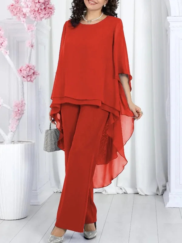 KIMLUD, Elegant 2 Pieces Sets Woman's Chiffon Solid Mid-Sleeve Layered ruffled edges Long Top & Straight-leg Trousers Pants Sets Outfits, KIMLUD Womens Clothes