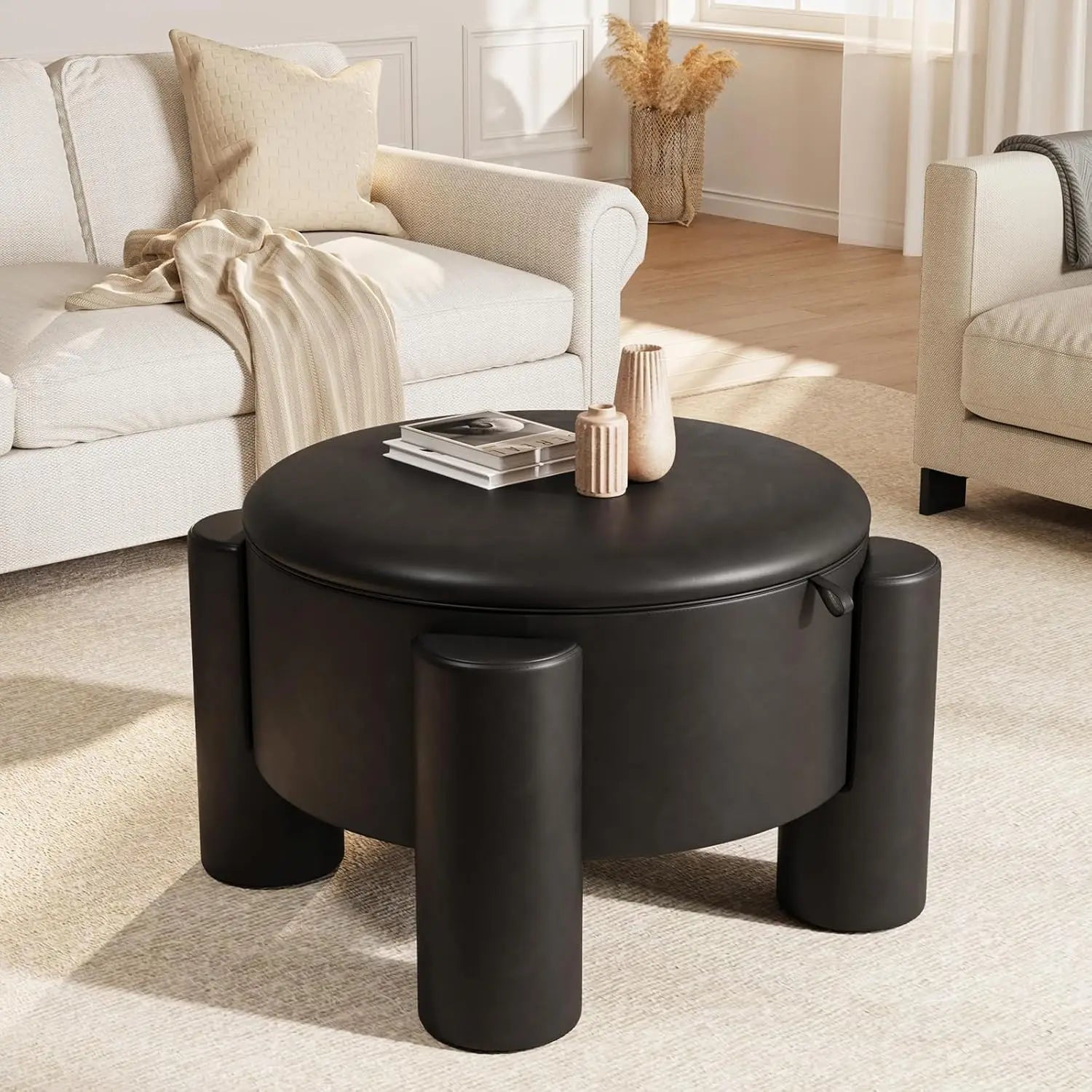 Storage Ottoman with Removable Top, 24" Round Coffee Table Ottoman & Upholstered Footrest, Faux Leather Ottoman for Small