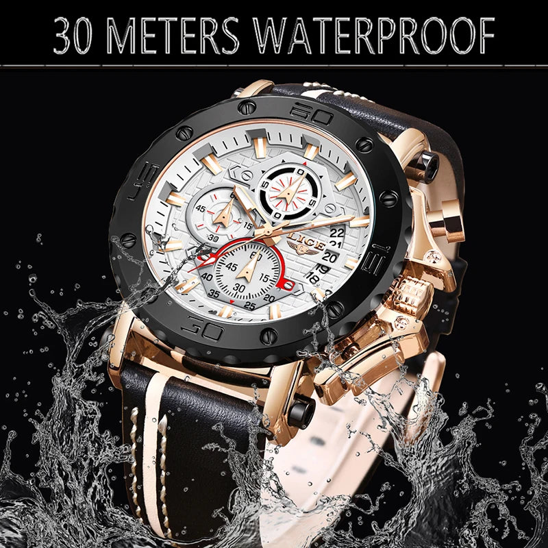 New Top Brand LIGE Mens Watches Fashion Sport Leather Watch Man Luxury Date Waterproof Quartz Chronograph Relogio Masculino+Box