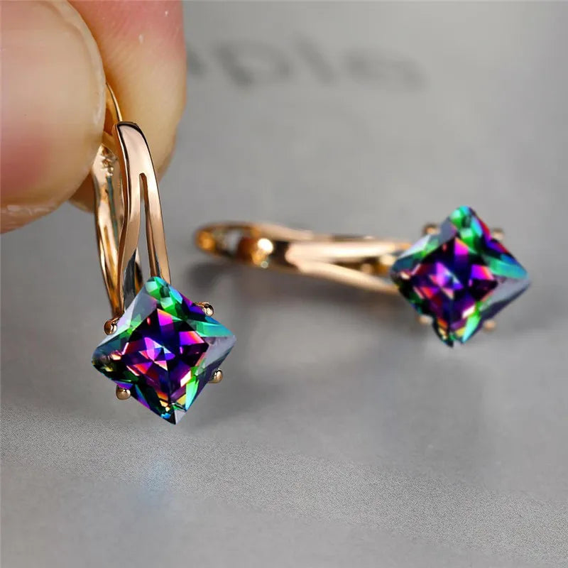 Rose Gold Hoop Earrings Square-Cut Cubic Zirconia — Rose Gold | KIMLUD