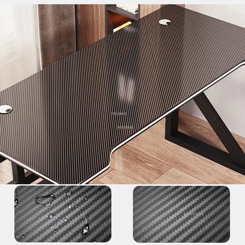Metal Frame Modern Simple Office Desk Rectangular Work Surface With LED Edge — Black | KIMLUD
