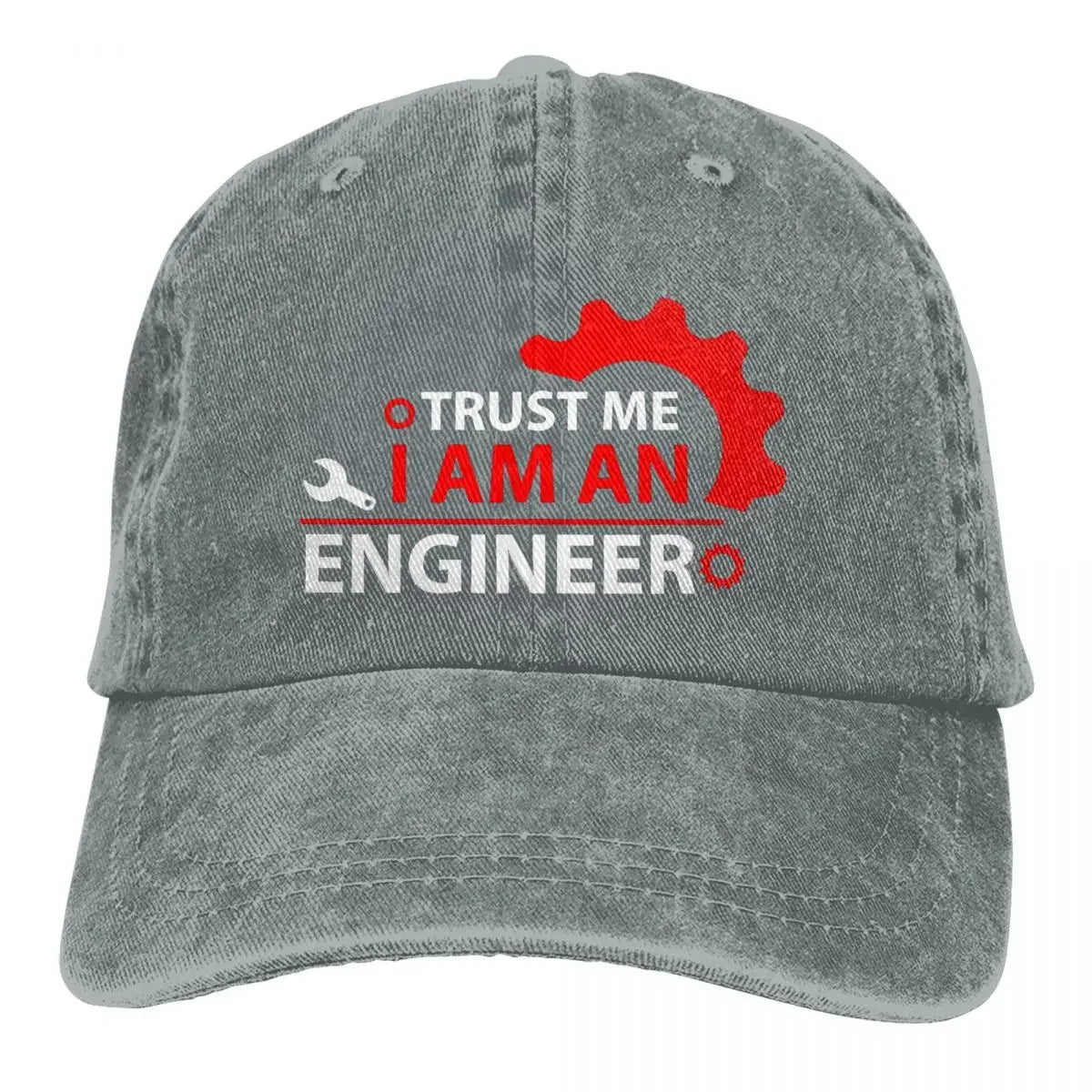 Washed Denim Trucker Cap With Bold Logo — Red | KIMLUD