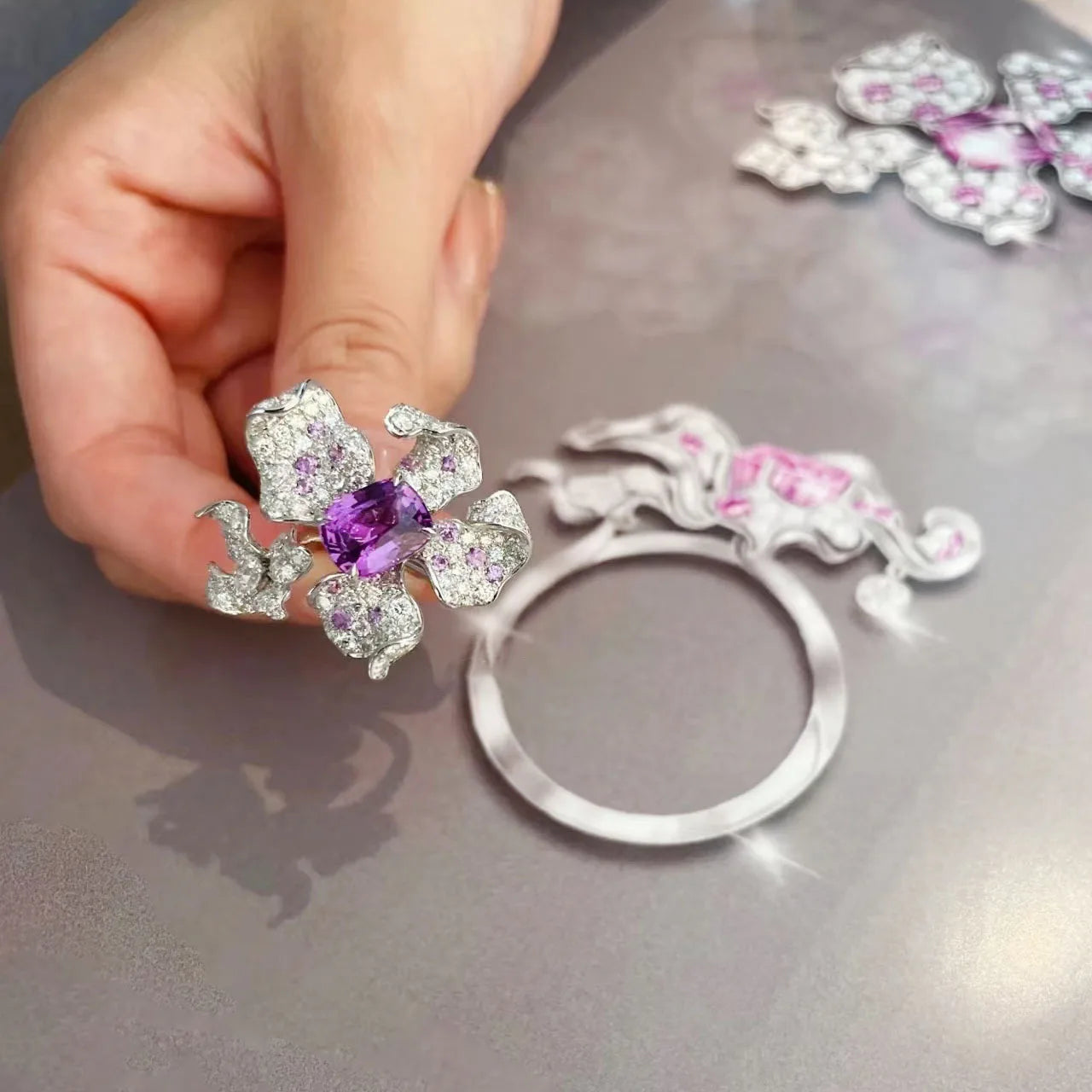 Sterling Silver Ring Amethyst Zircon Flower Open — White | KIMLUD