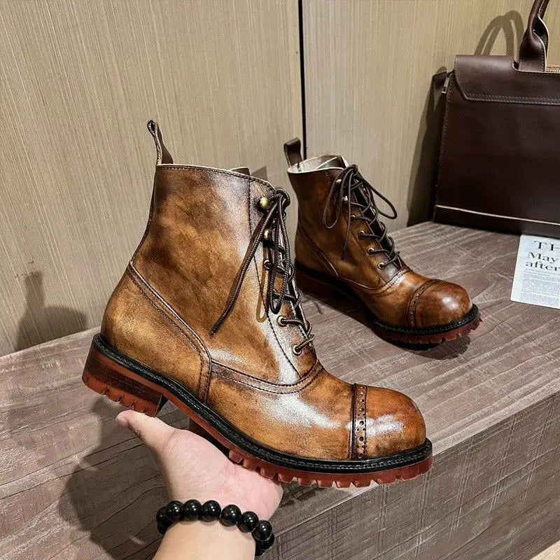 Cow Genuine Leather Motorcycle Boots Brogue Shoes Retro High Big Head Chelsea Men's Boots Ankle Boots For Men Brown