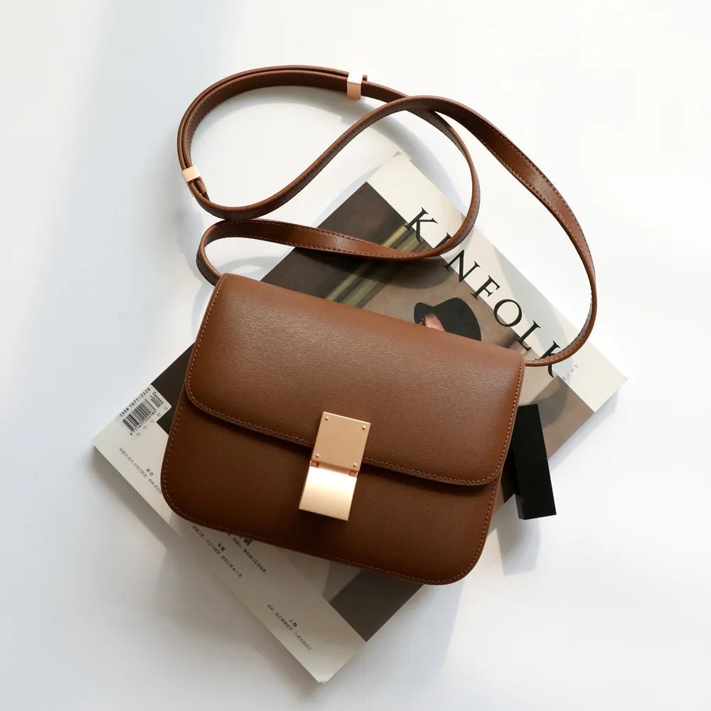 Split Leather Shoulder Bag Single Flap Lock — Black | KIMLUD