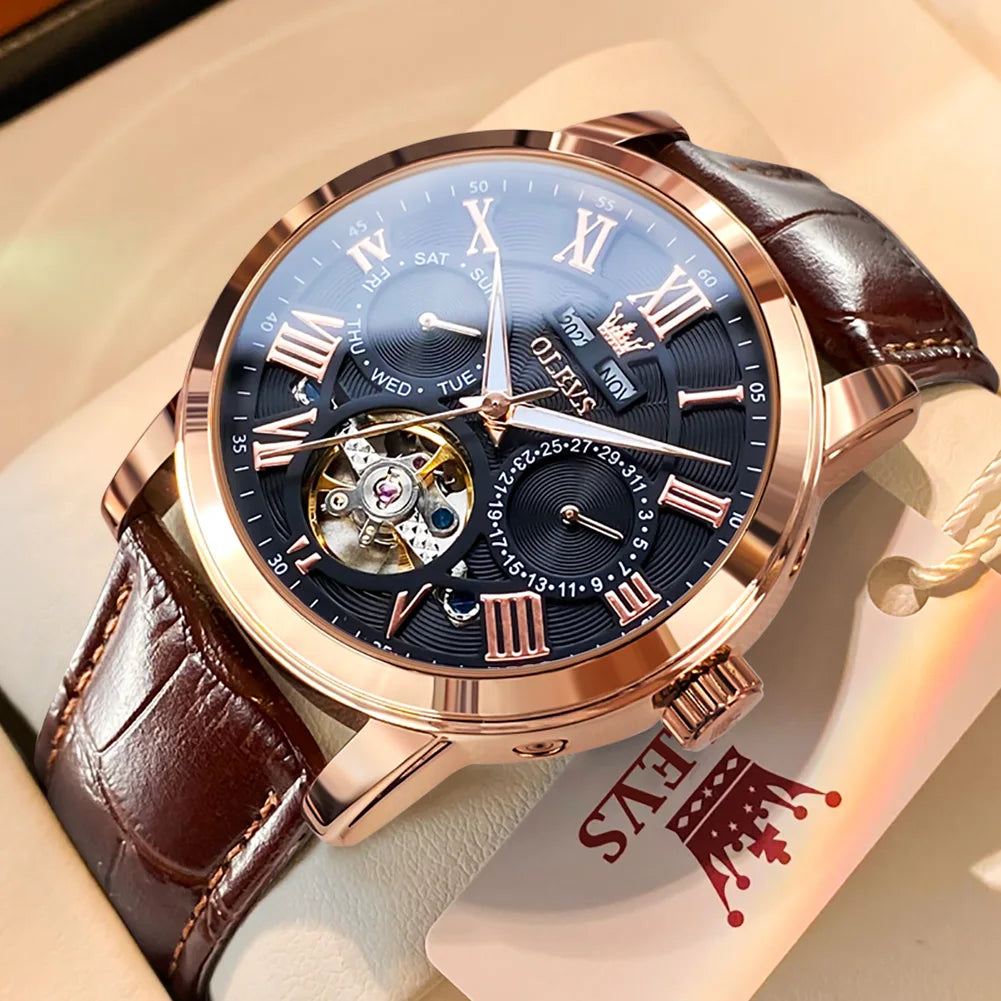 Luxury Automatic Watch With Brown Leather Strap And Mechanical Hand Wind Movement — Blue | KIMLUD
