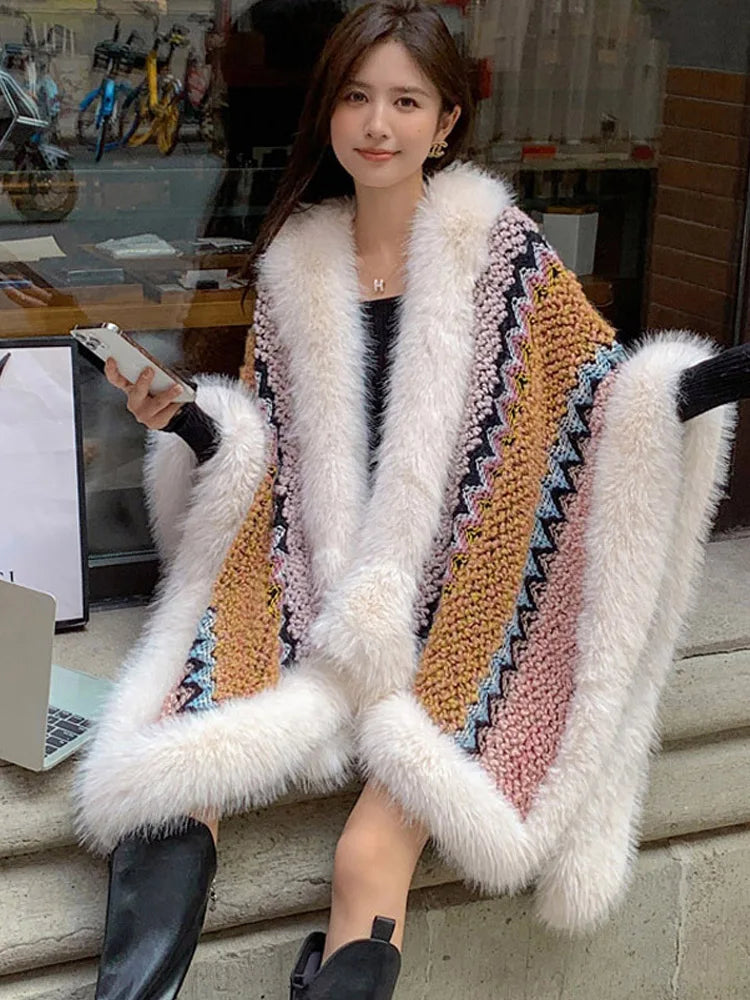 Cape – Faux Fox Fur Trim – Knit Silhouette – Colorful | KIMLUD