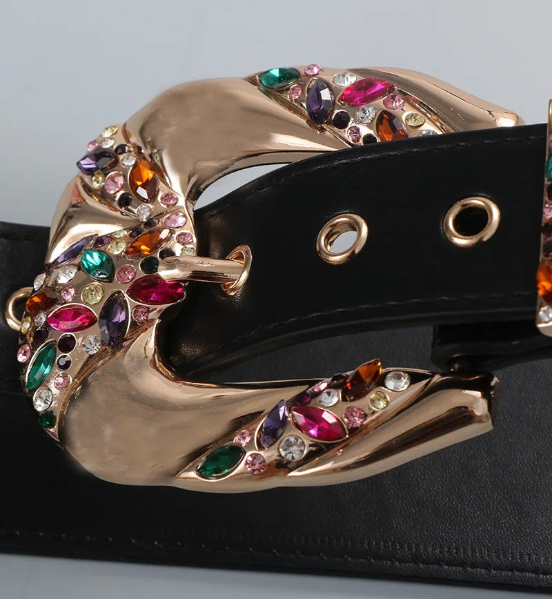 Belt – Rhinestone Zircon Metal Design – PU Belt – Solid | KIMLUD