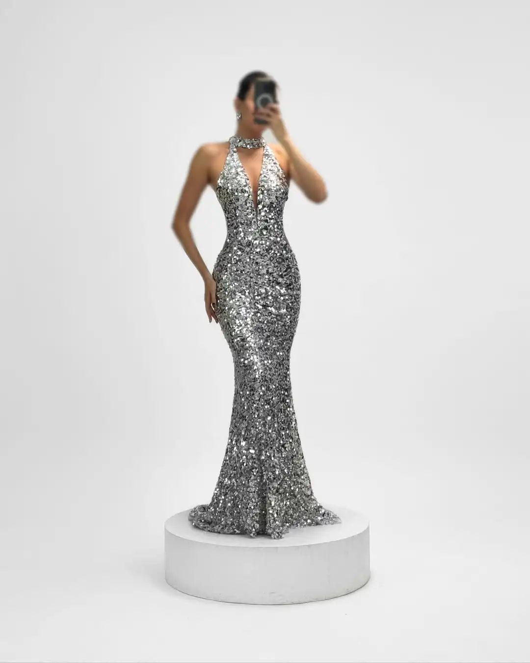 Mermaid Evening Dress – Halter Deep-V Neck – Sequin Beaded | KIMLUD