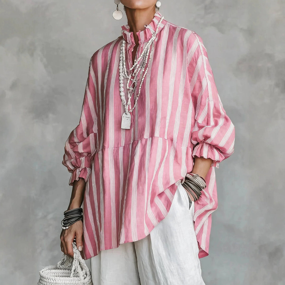 Blouse – Stripes Print – Loose Silhouette – Autumn Casual | KIMLUD
