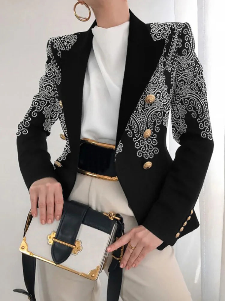 KIMLUD, Long Sleeve Button Patchwork Simple Outerwear, Women Spring Autumn Turn-Down Collar Chic Coats, New Print Fashion Ladies Blazers, KIMLUD Womens Clothes