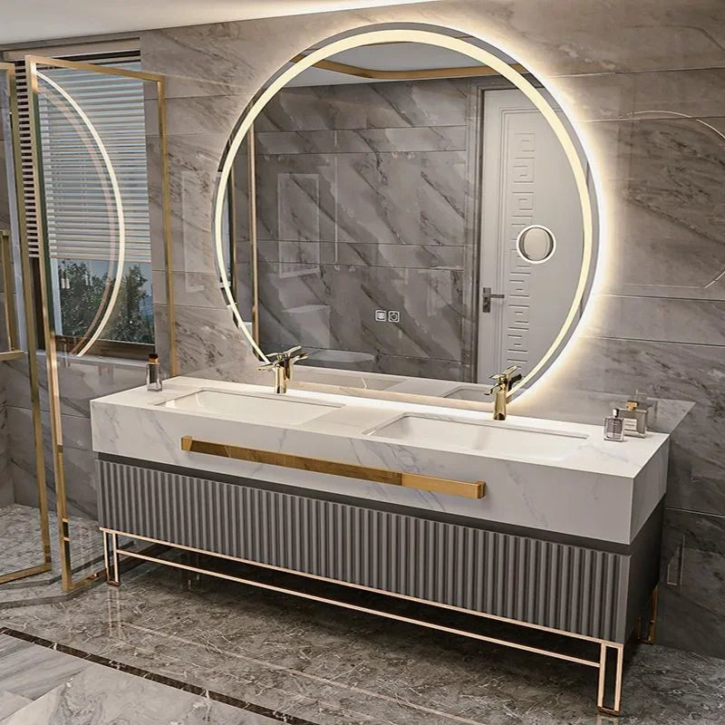 Oak Vanity Cabinet With Rock Slab LED Lighting — Grey | KIMLUD
