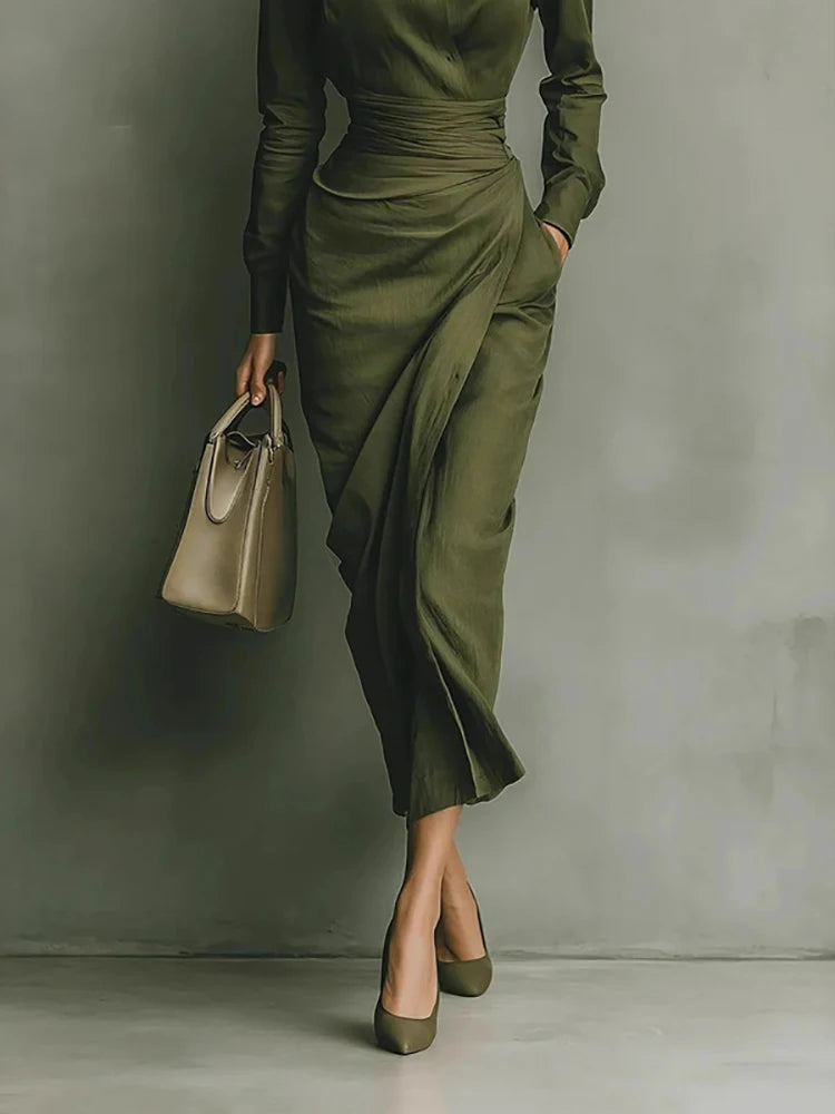 Elegant Asymmetrical Lapel Women's Midi Dress Green Ruched Long Sleeve Slim Pocket Temperament Fall British Office Lady Dresses