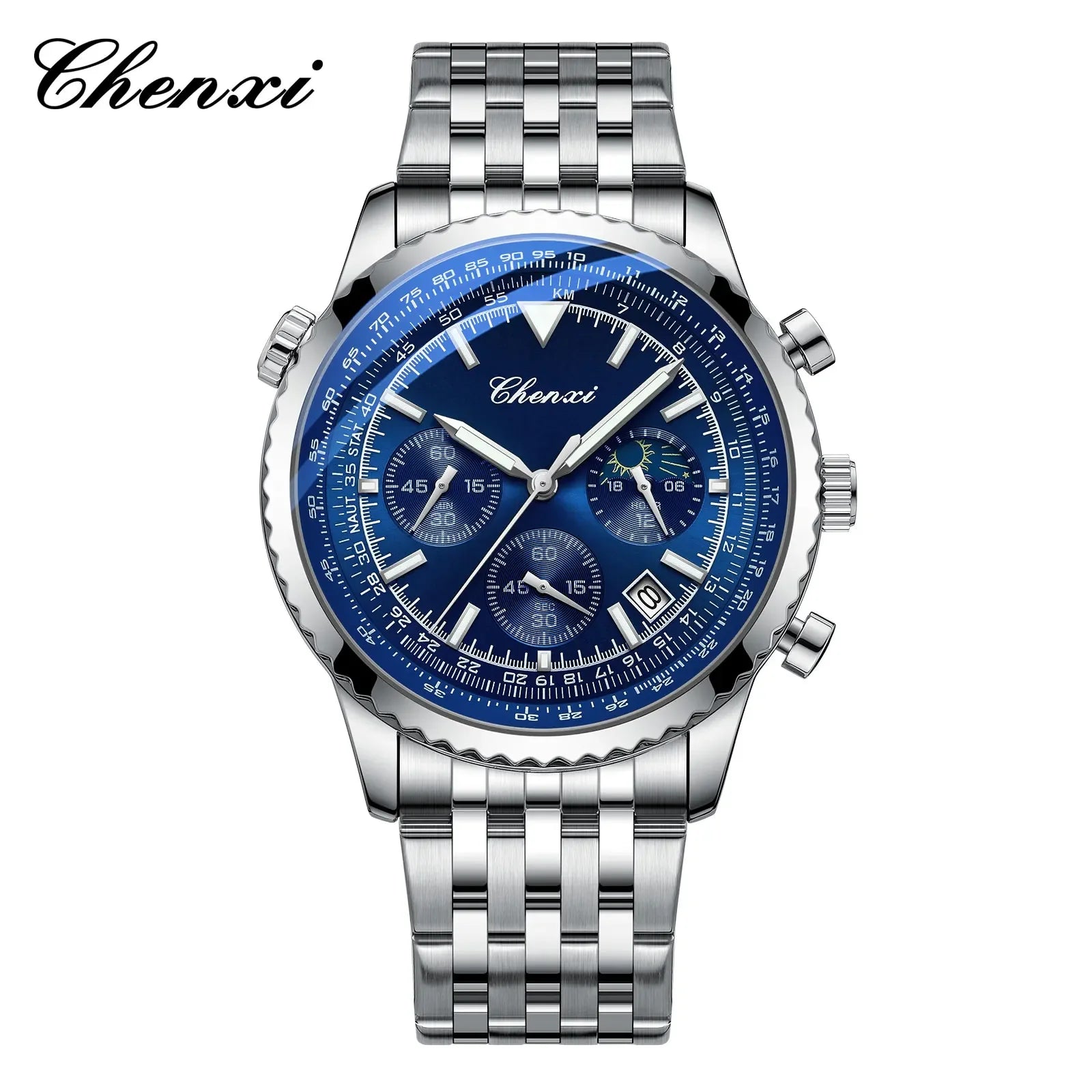 Luxury StopWatch Moon Phase Waterproof Male Clock Luminous Date Stainless Steel Square Quartz Men Watch reloj hombre