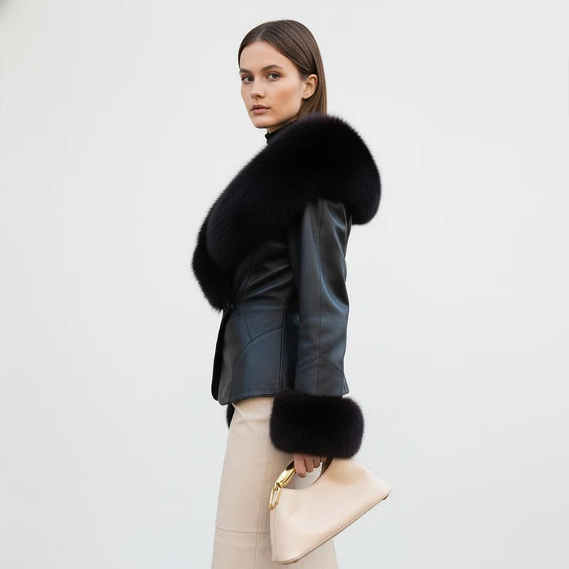 Black Faux Fur Collar Leather Jacket Elegant Lapel V-neck Waist Cinching Long-sleeved Short Coats Lady Winter Commute Coat 2025