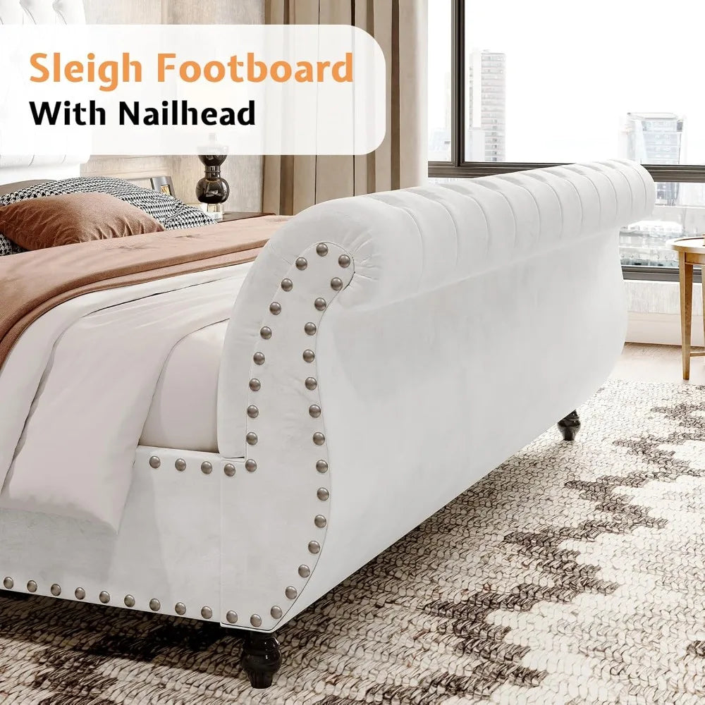 Velvet Upholstered Sleigh Bed Frame — White | KIMLUD
