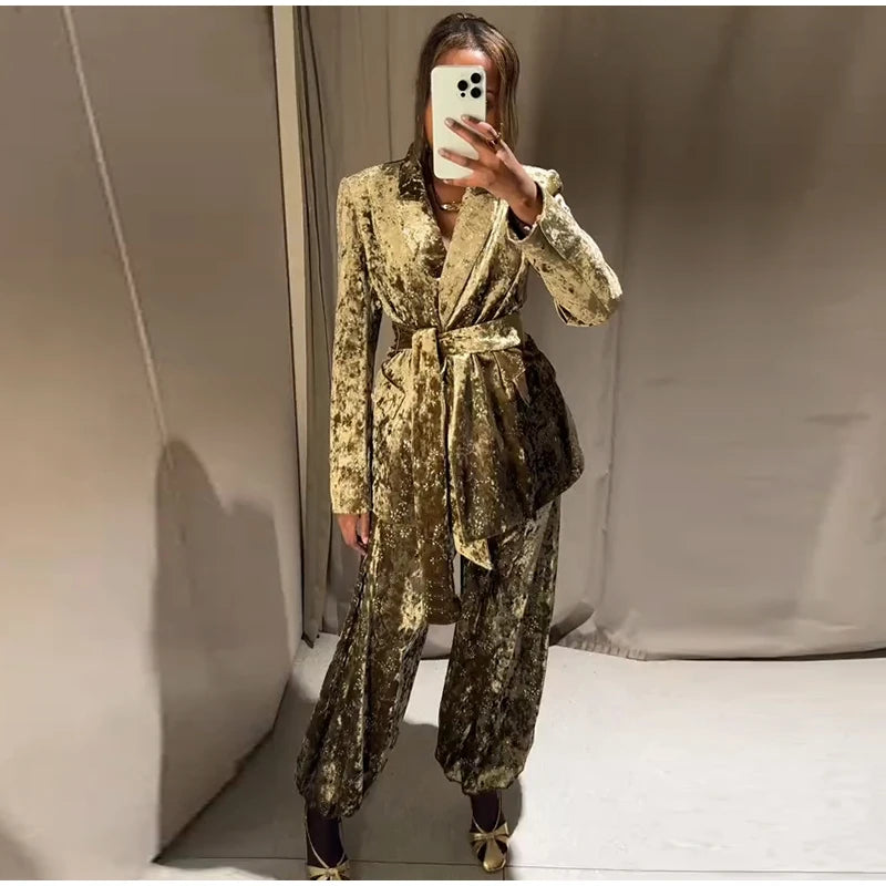 Fashion Velvet Print Lapel Belt Suit Pant Set Women Solid Lace Up Full Sleeve Blazer Wide Leg Cuffed Pants 2025 Autumn Lady Sets