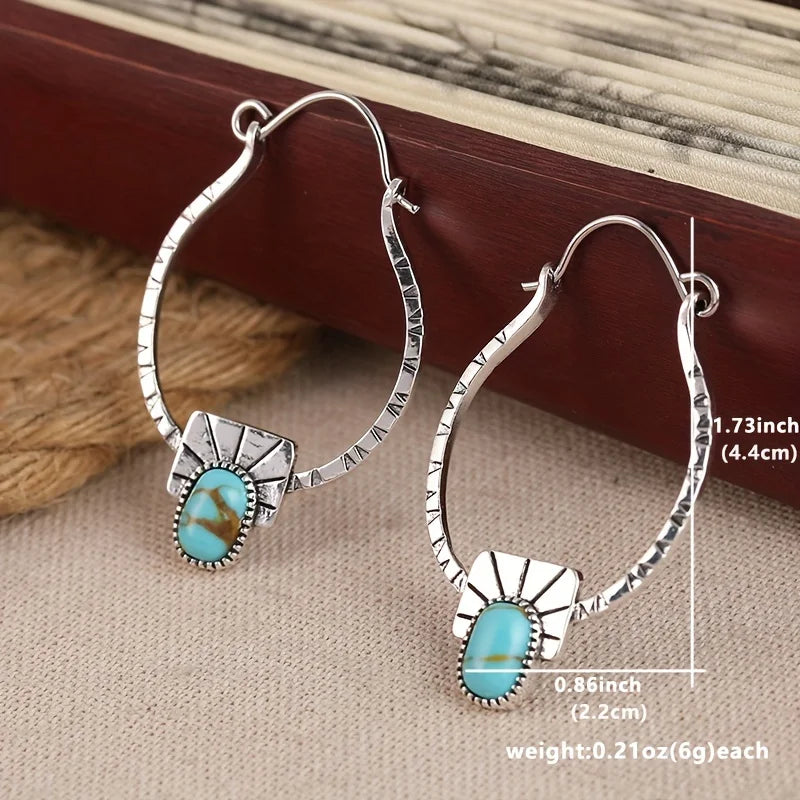 Boho-Chic Hoop Earrings - Silvery Plated, Synthetic Gemstone Inlay, Zinc Alloy - Perfect for Casual Attire & Gifting