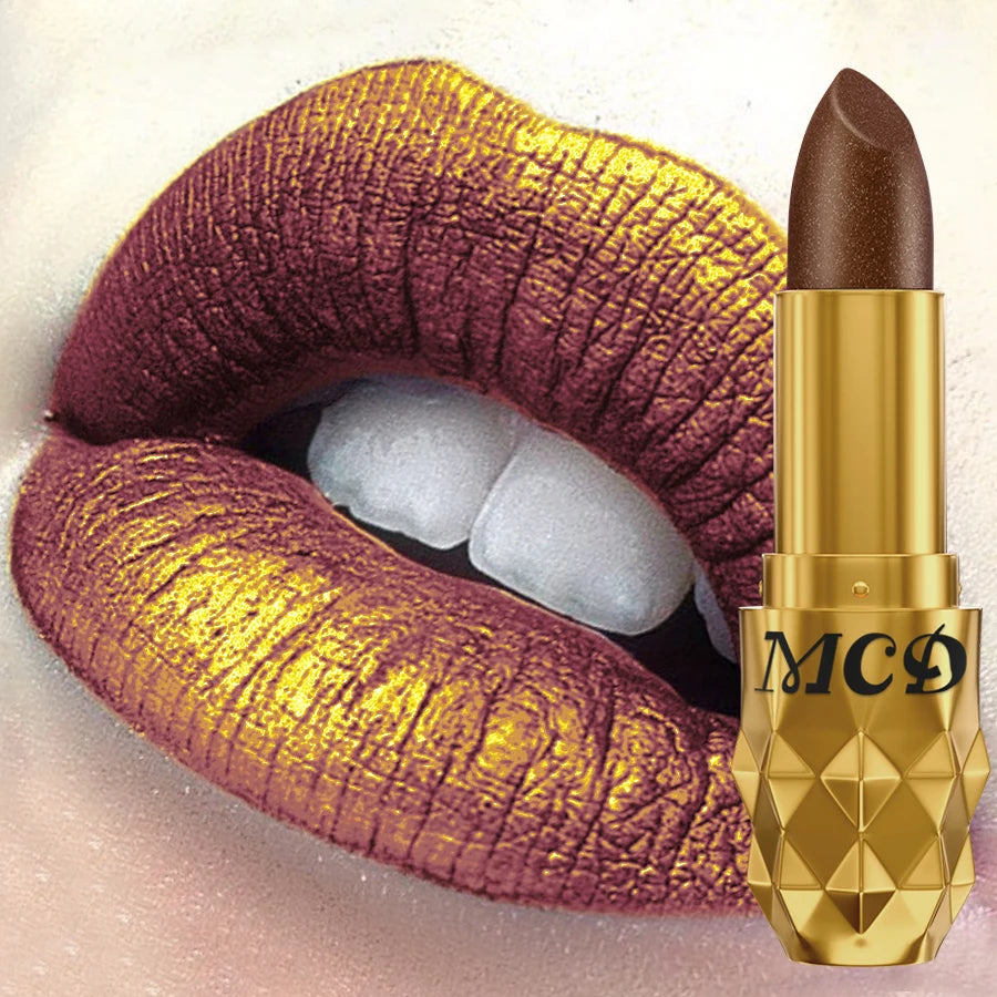 Pearlescent Metallic Lipstick Bold Glitter Long-Lasting Hydrating Comfort — Bronze-Gold | KIMLUD