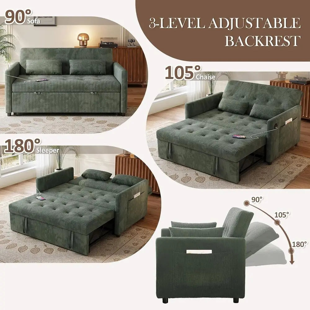 Corduroy Sleeper Sofa With USB Ports And Pull-Out Bed And Hidden Storage — Green | KIMLUD