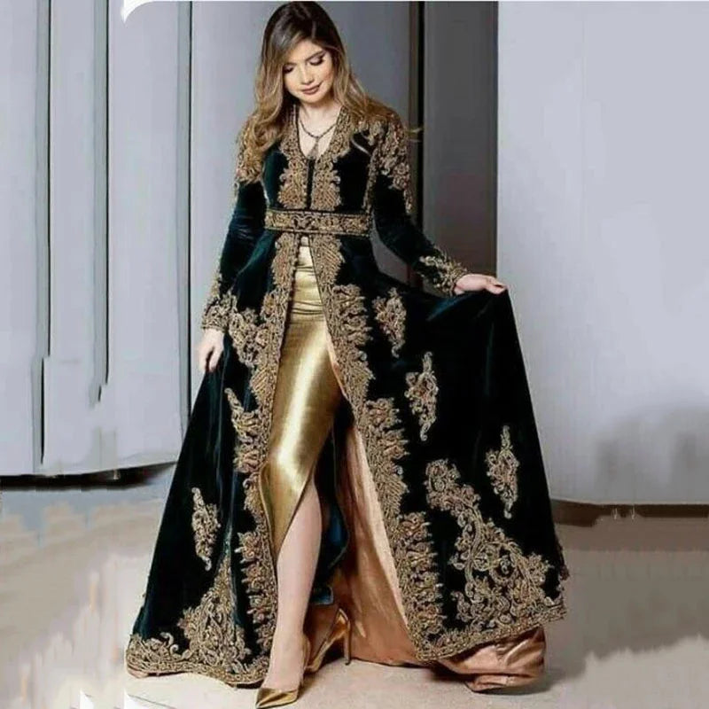Elegant Black Gold Gown with V-neck Long Sleeve Velvet Applique Slit Floor-Length Evening Gown for Women Customized 2025 New