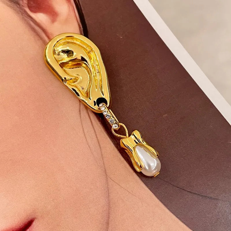 Asymmetrical Earrings Hollow Out Simulated Pearl — Pearl White | KIMLUD
