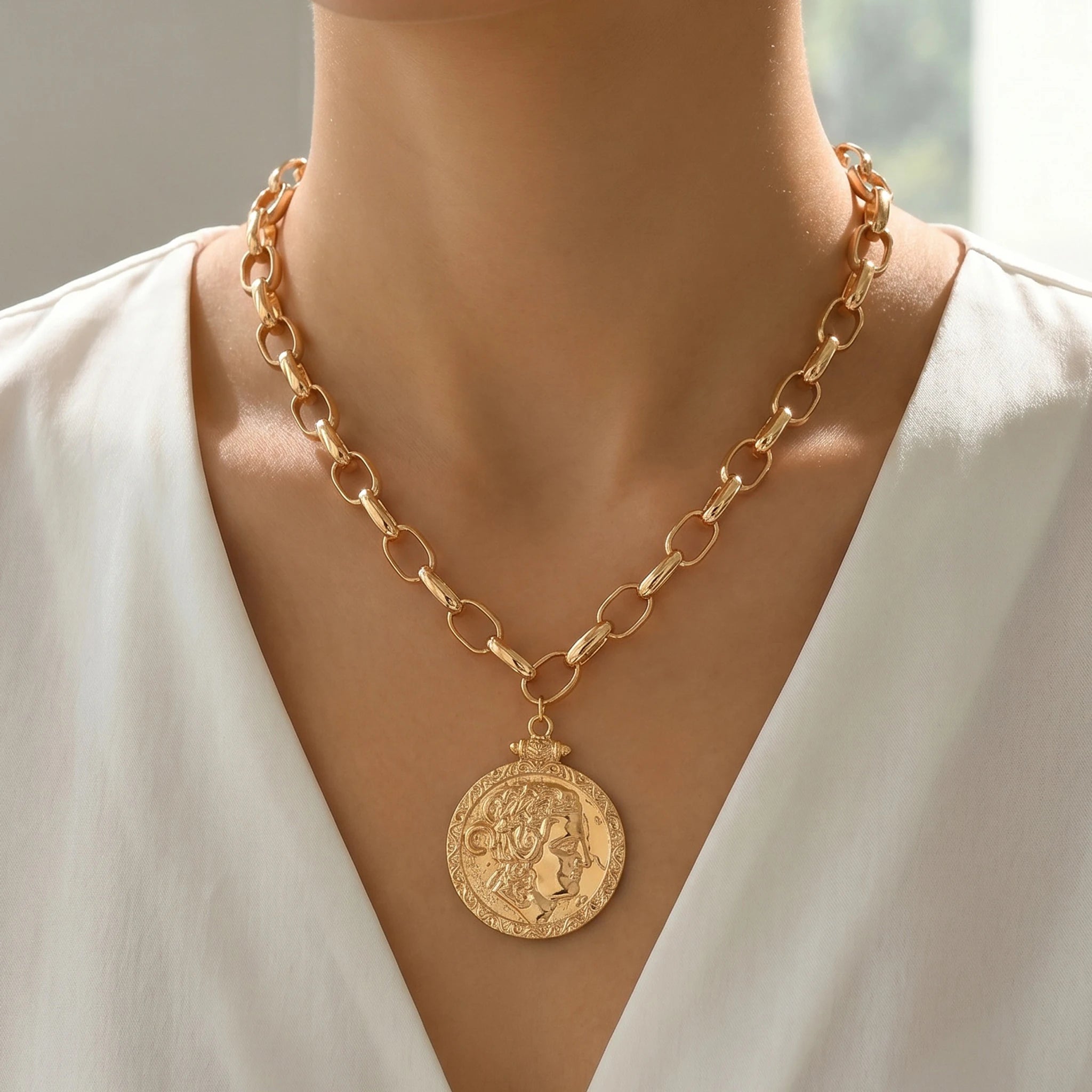Gold Tone Coin Pendant Necklace - Gold Tone | KIMLUD